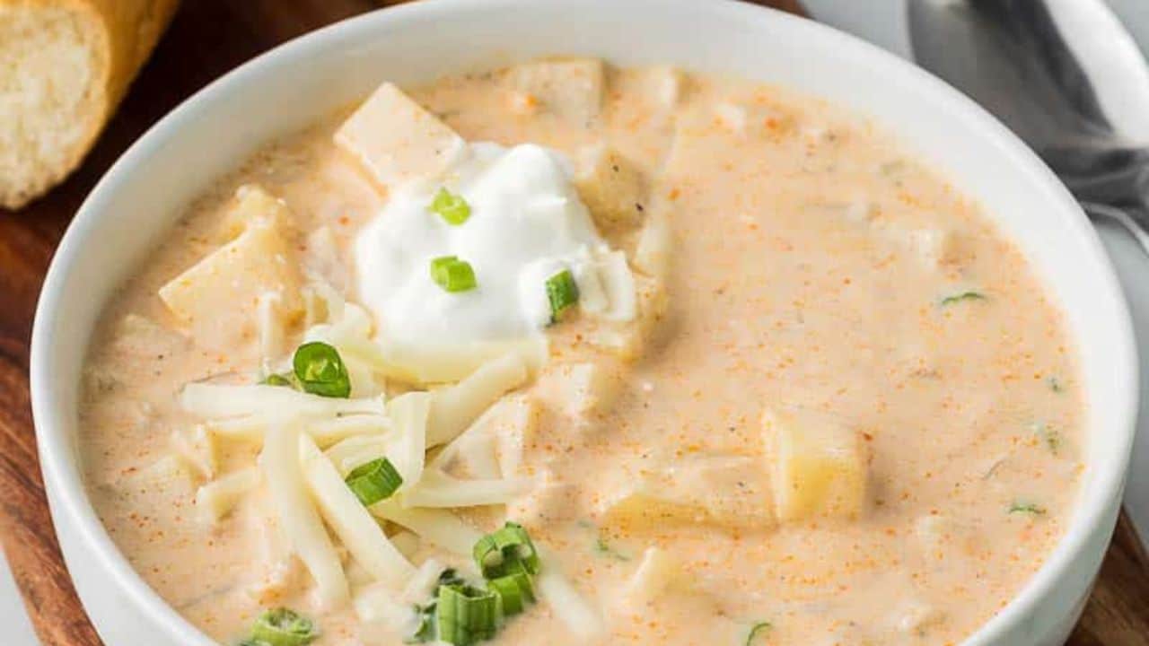 A bowl of slow cooker potato soup.