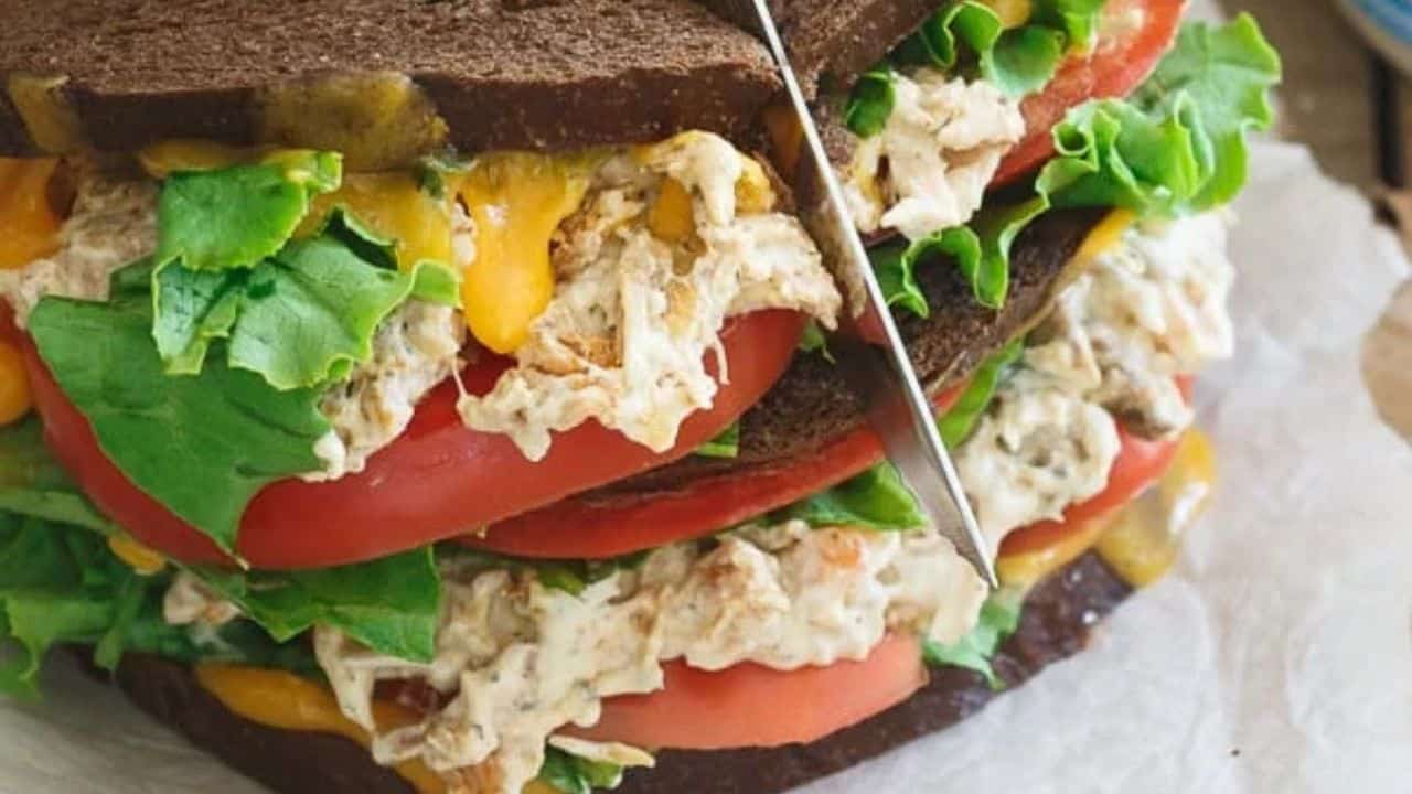 Southwest ranch chicken salad sandwich on pumpernickel.