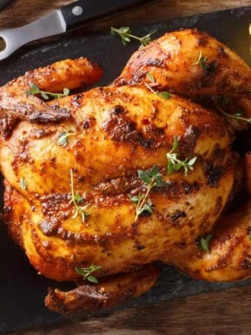 Roast chicken garnished with herbs on a black slate, served with lemon halves and a whole lemon, next to carving utensils on a wooden surface.
