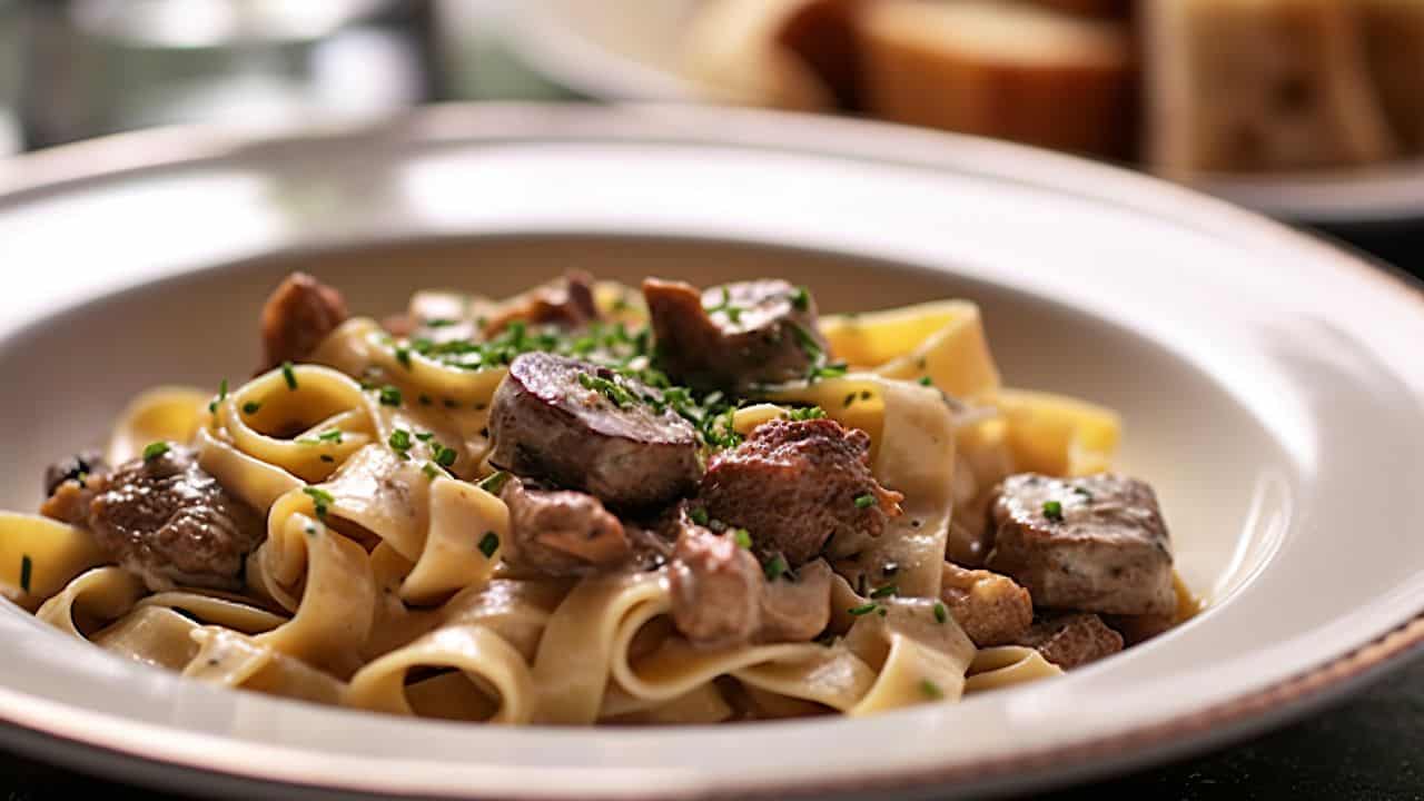 A plate of tagliatelle pasta topped with pieces of seared beef and garnished with chopped herbs, served on a white dish.