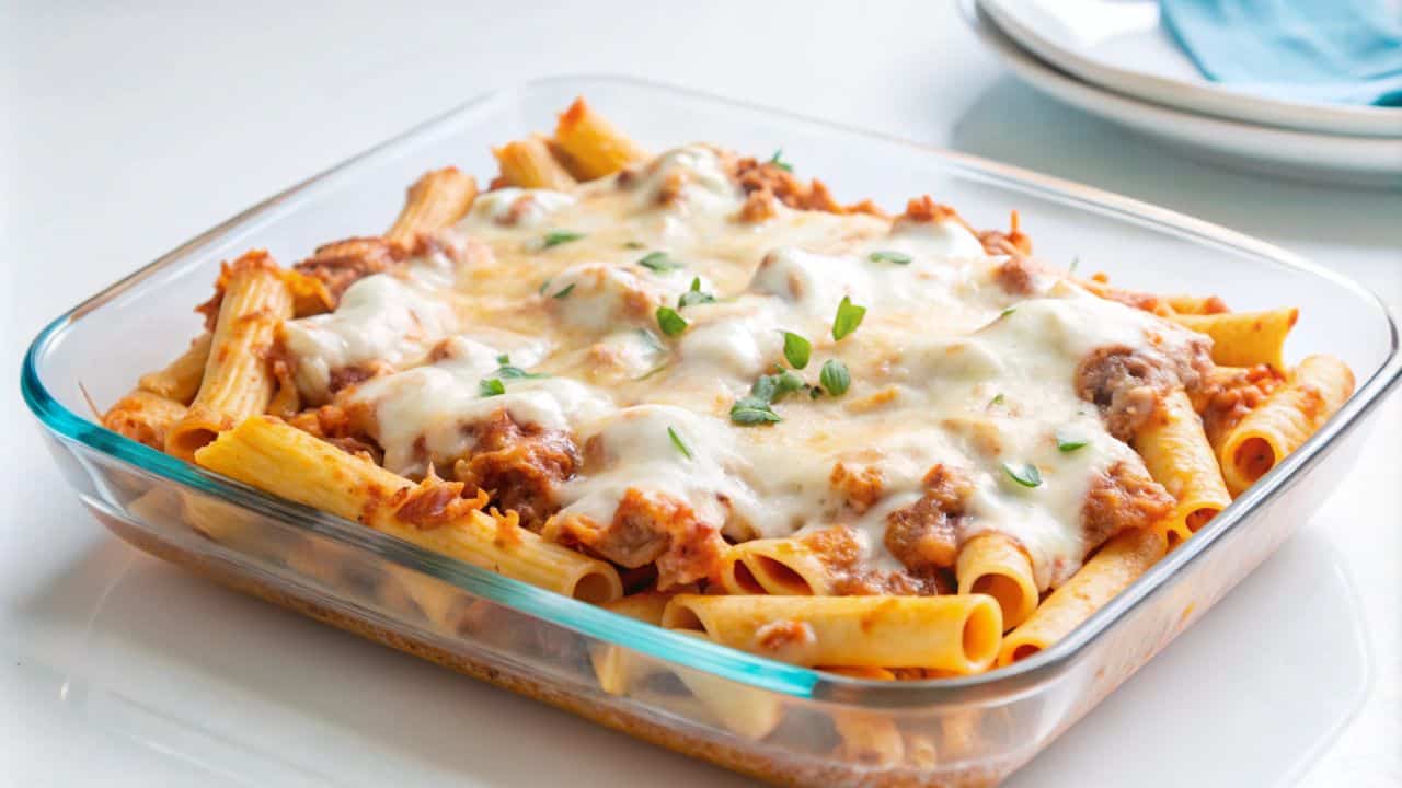 Baked pasta with rigatoni, tomato sauce, melted cheese, and herbs in a clear glass dish on a white surface.