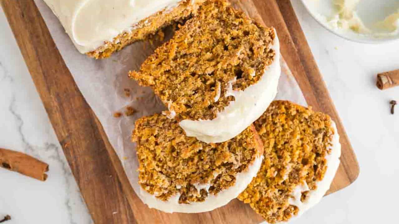 An overhead image of carrot cake loaf slices.