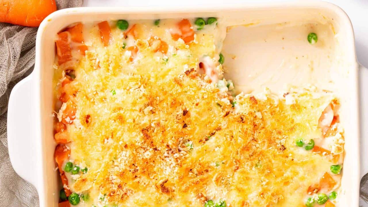 An overhead image of baked carrot casserole.