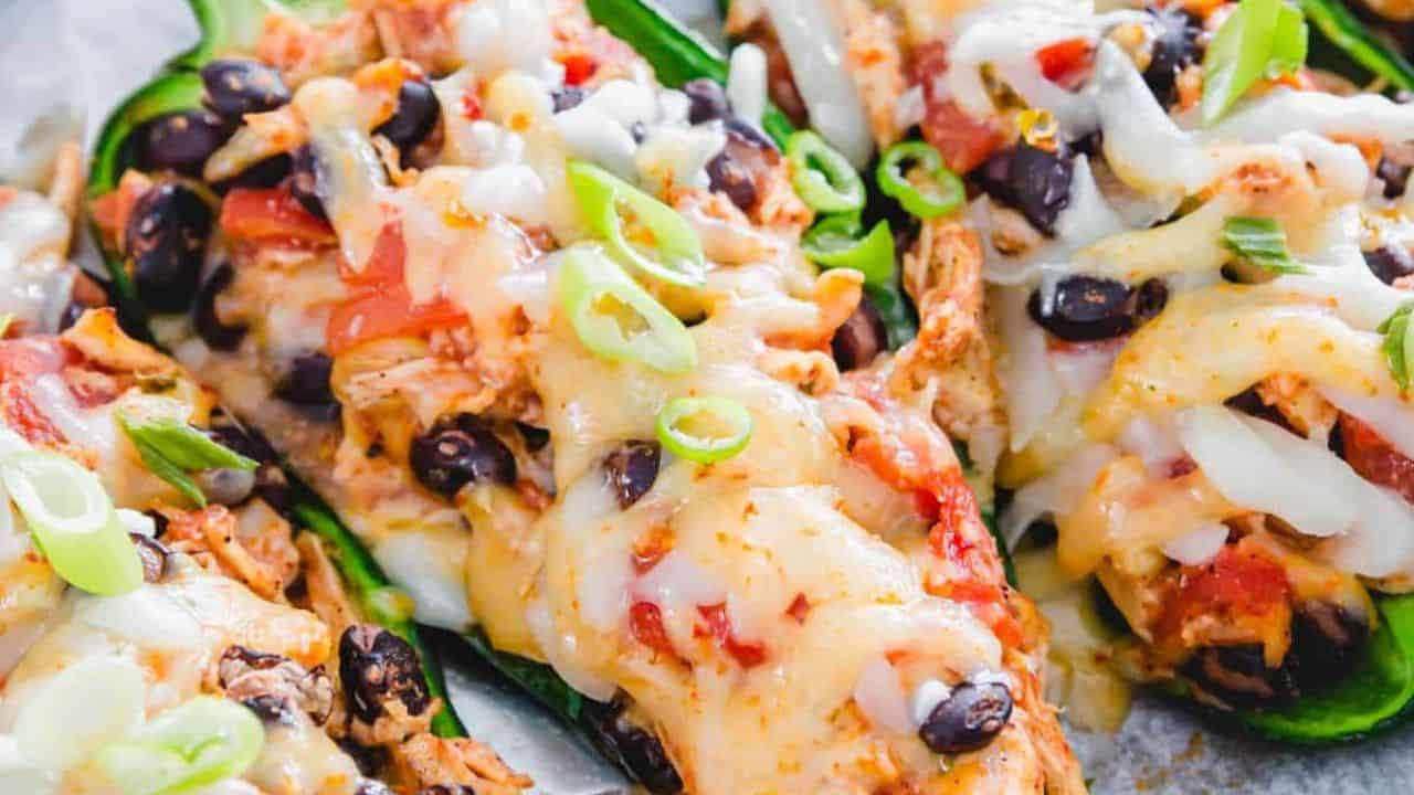 Poblano peppers stuffed with chicken and cheese.