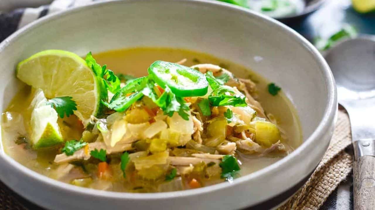 Spicy chicken lime soup in bowls.