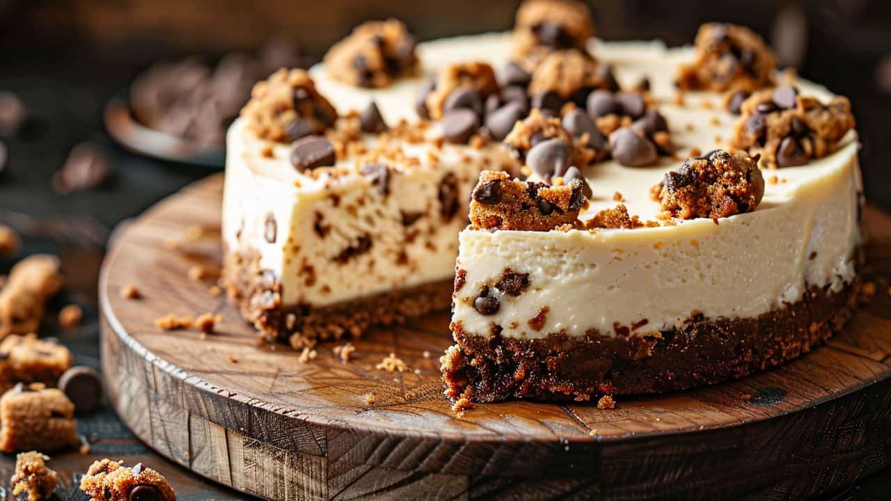 A round cheesecake with a chocolate chip cookie crust and cookie pieces on top, displayed on a wooden board with a slice removed.
