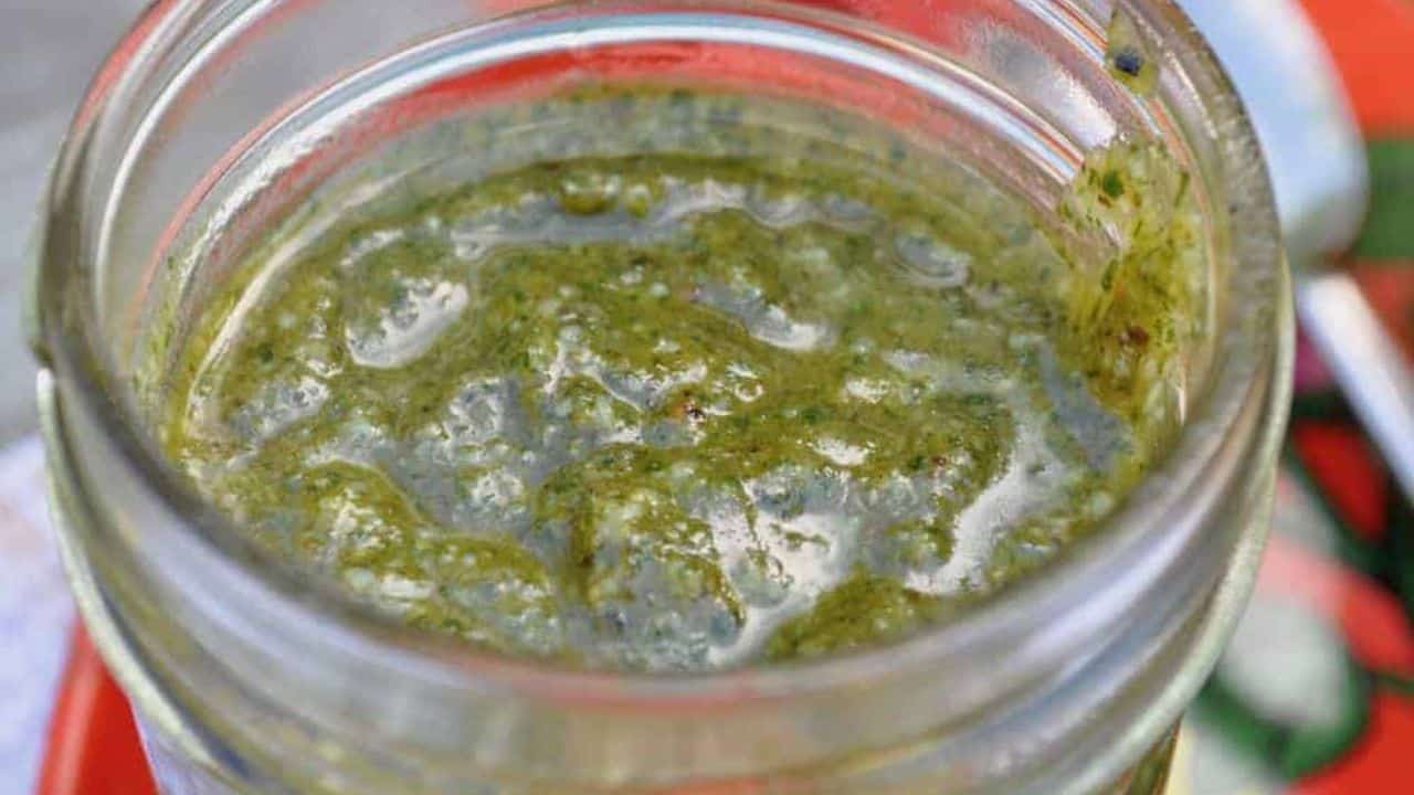 Close-up of homemade dandelion greens pesto in a glass jar.