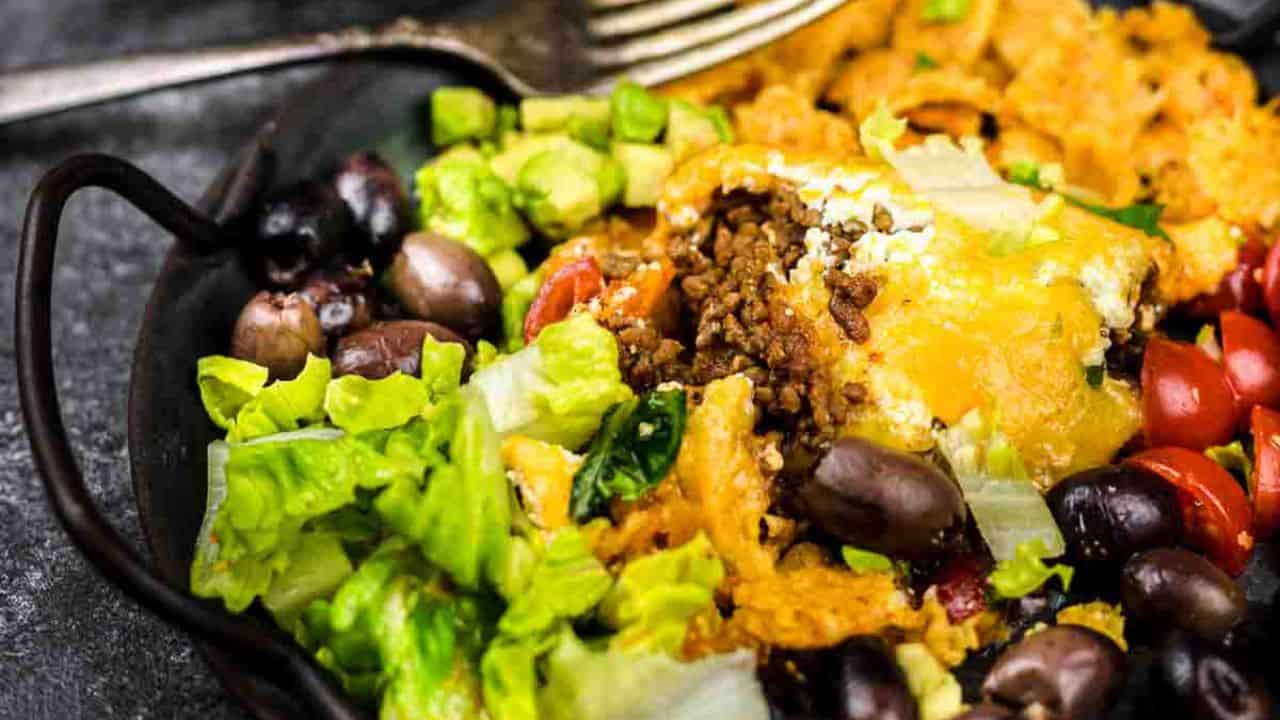 Taco casserole with fresh vegetables.
