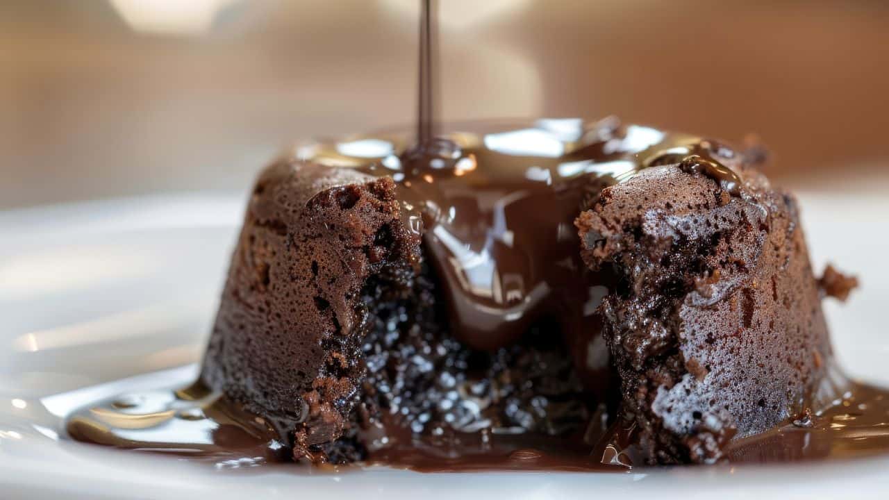 A chocolate lava cake with a molten center is cut open on a plate as chocolate sauce is being poured over the top.