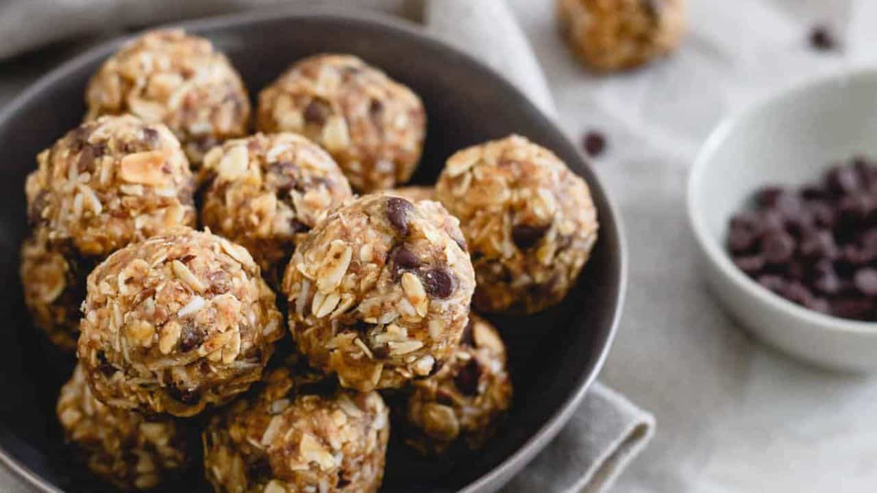 No bake peanut butter chocolate chip bites in a bowl.