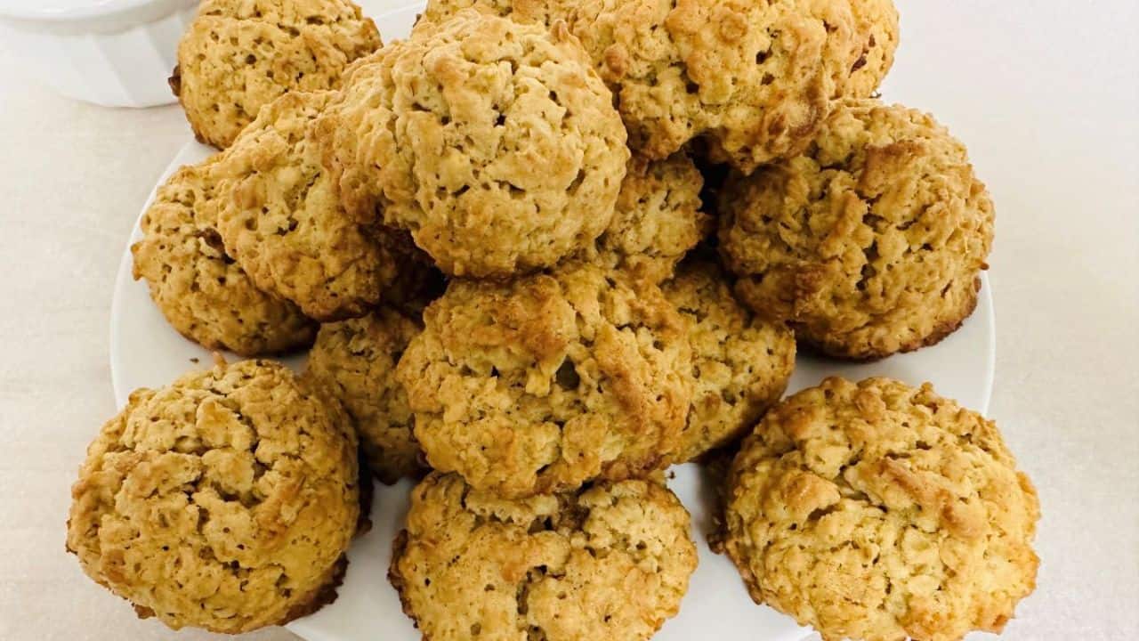 Pile of oatmeal cookies on a plate.