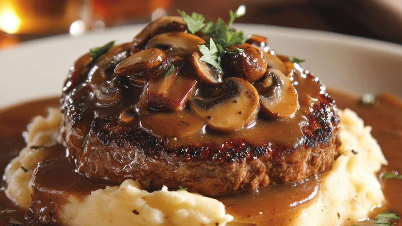 A grilled steak patty topped with sliced mushrooms and brown gravy, served on a bed of mashed potatoes and garnished with fresh parsley.