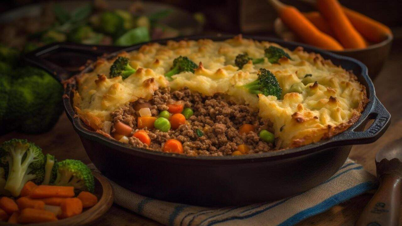 A cast iron skillet filled with shepherd's pie, showing a layer of mashed potatoes on top and ground meat mixed with peas, carrots, and broccoli inside.