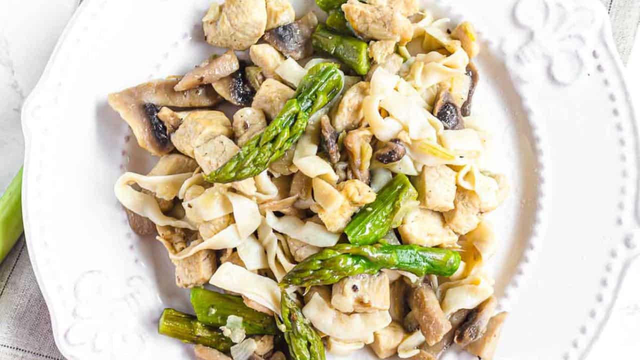 Chicken Stir Fry Shirataki Noodles close up.