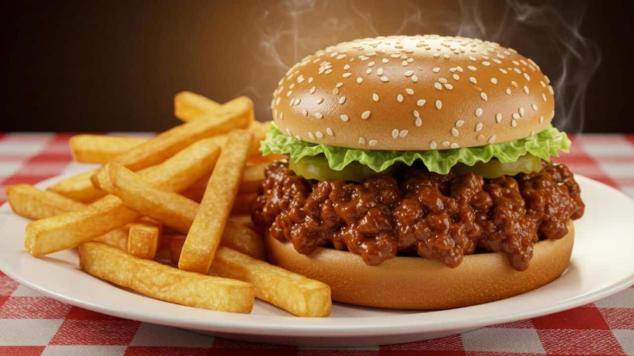 A plate with a sloppy joe sandwich topped with lettuce on a sesame bun, served with golden French fries on a red and white checkered tablecloth.