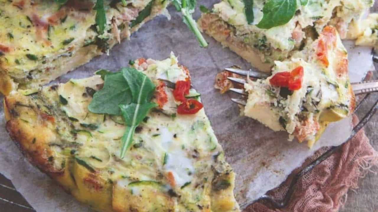 Slow cooker frittata with arugula and sun-dried tomatoes.