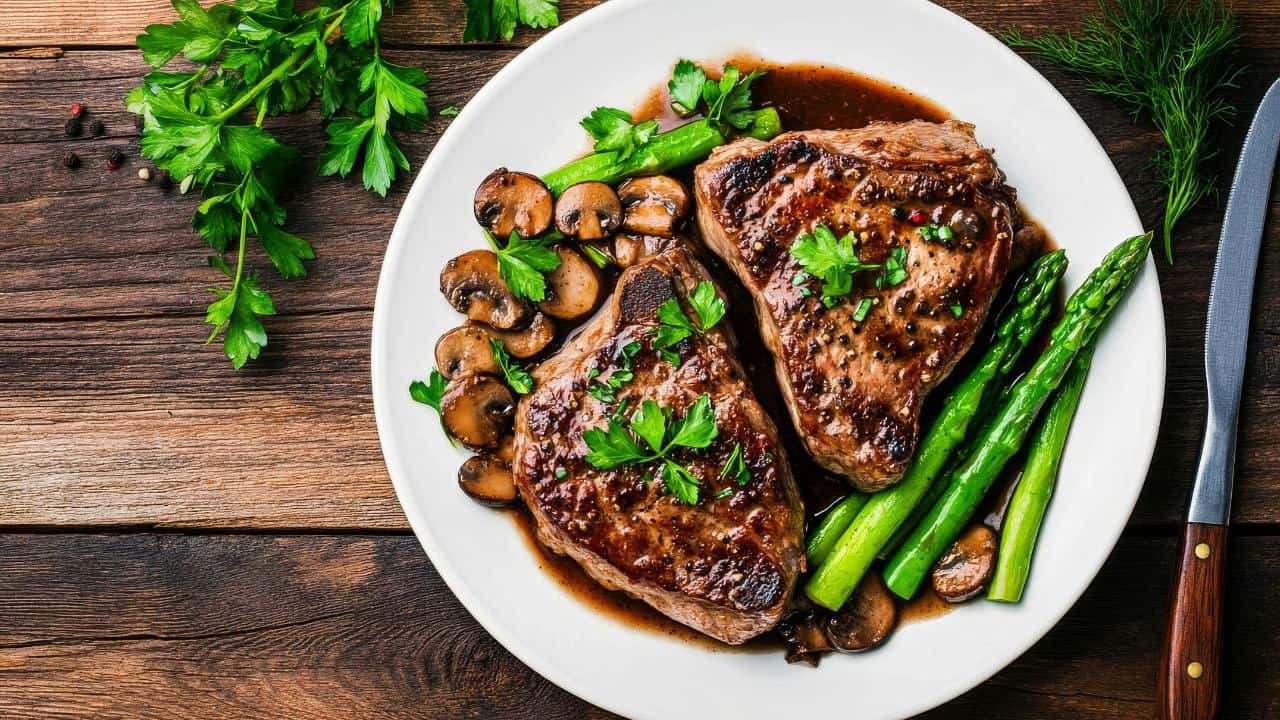 A plate with two cooked steaks, sautéed mushrooms, and asparagus spears, garnished with fresh parsley, on a wooden table.