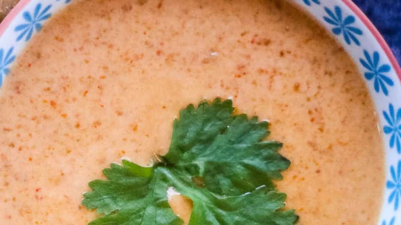 Close-up of a small bowl filled with a creamy, orange-hued sauce garnished with a fresh cilantro leaf. The bowl has a white interior with a light blue floral rim.