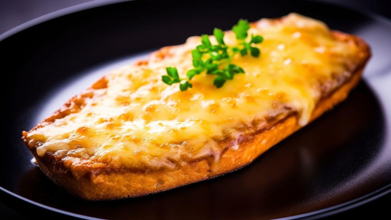 A slice of bread topped with melted cheese and garnished with fresh herbs sits on a black plate.