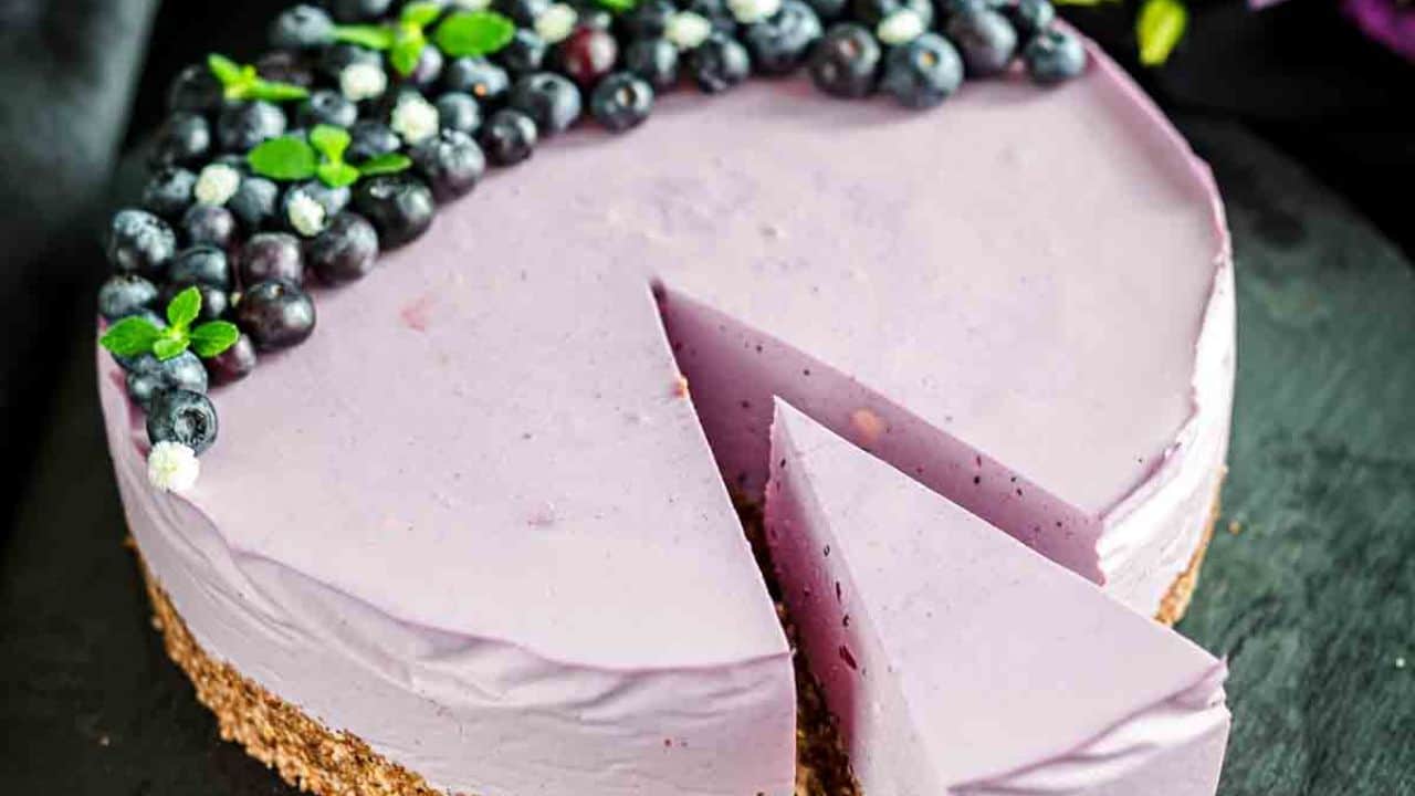 No Bake Blueberry Cheesecake with blueberries on top.