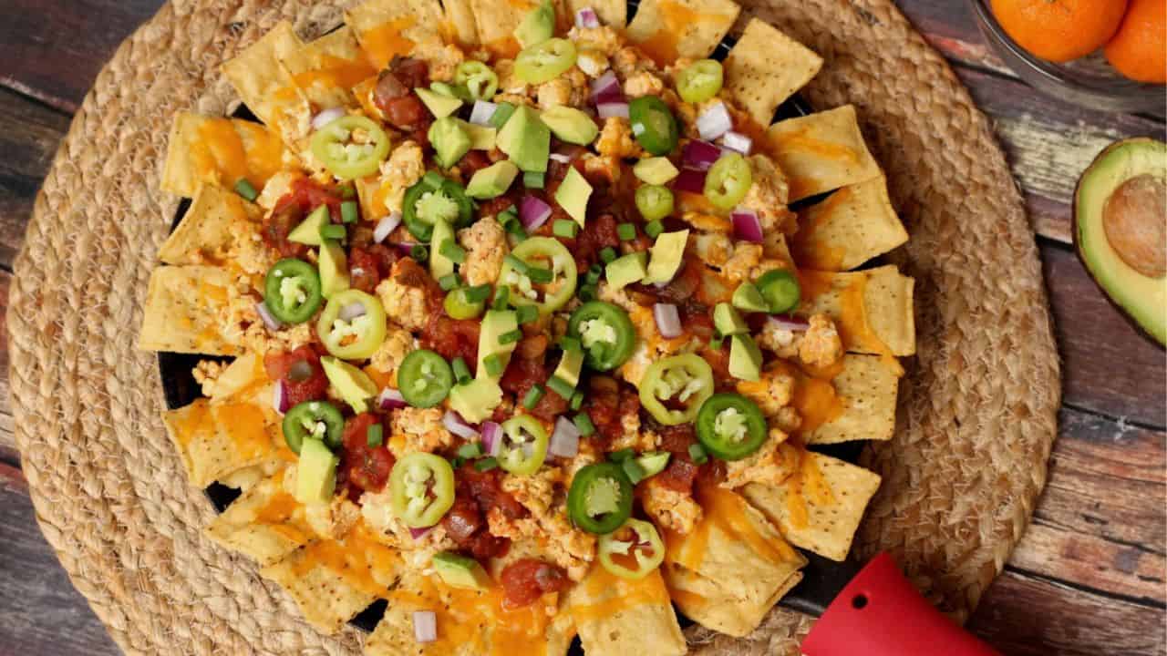 Skillet of breakfast nachos from overhead.