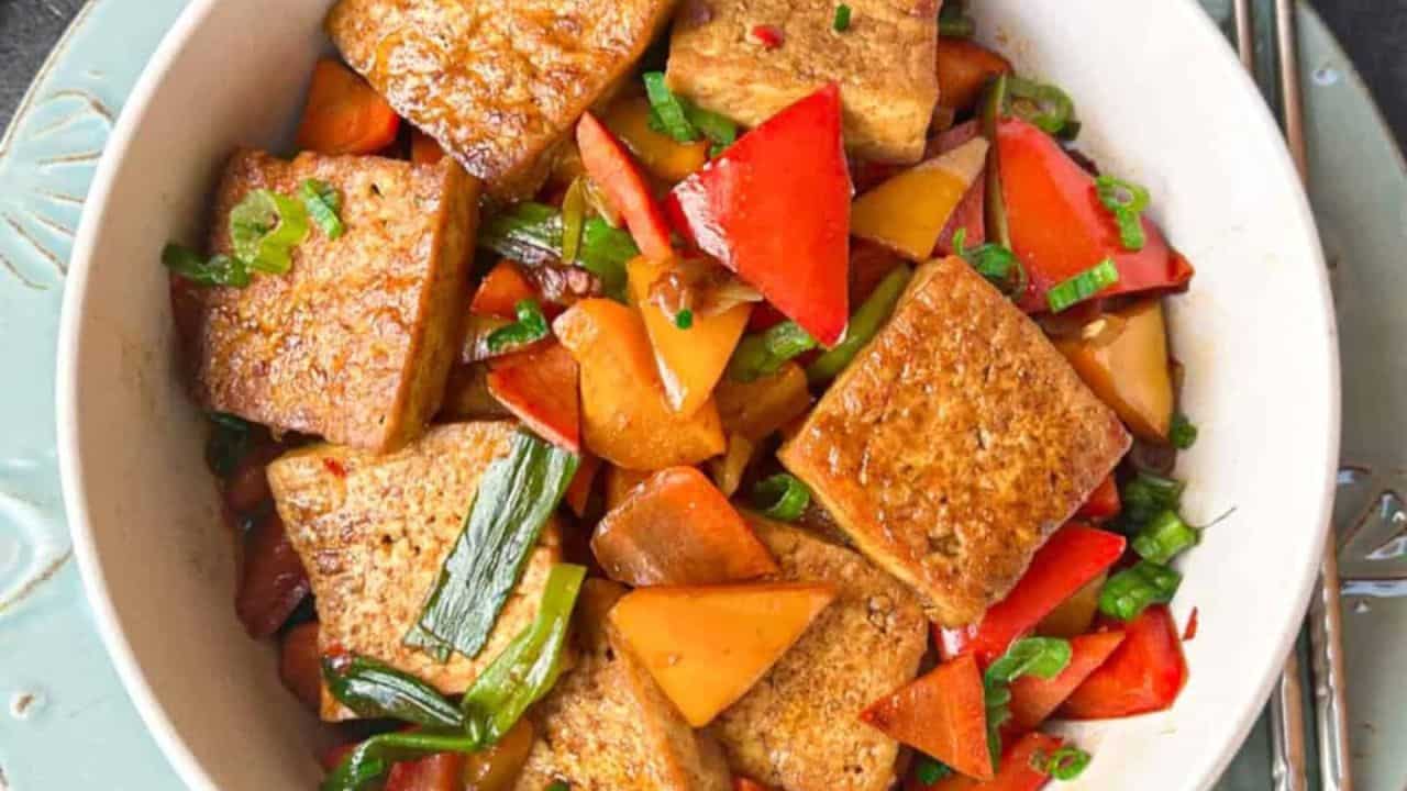 Flavorful homestyle braised tofu dish in a rich, savory sauce.