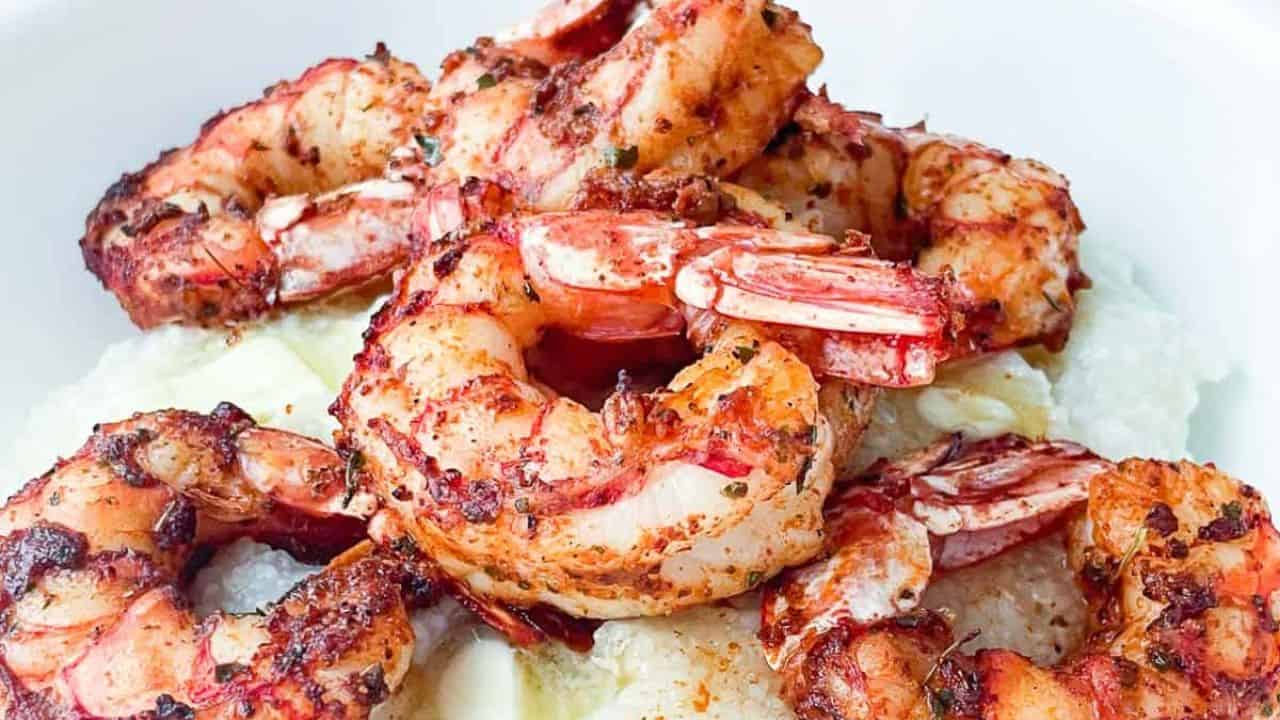 Air-fried Cajun shrimp atop of mashed potatoes.