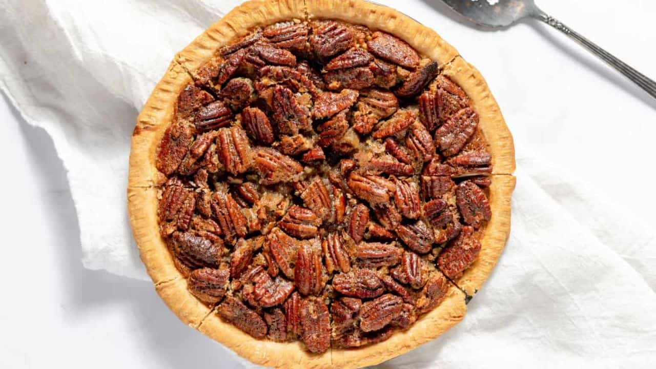 A top down shot of pecan pie.