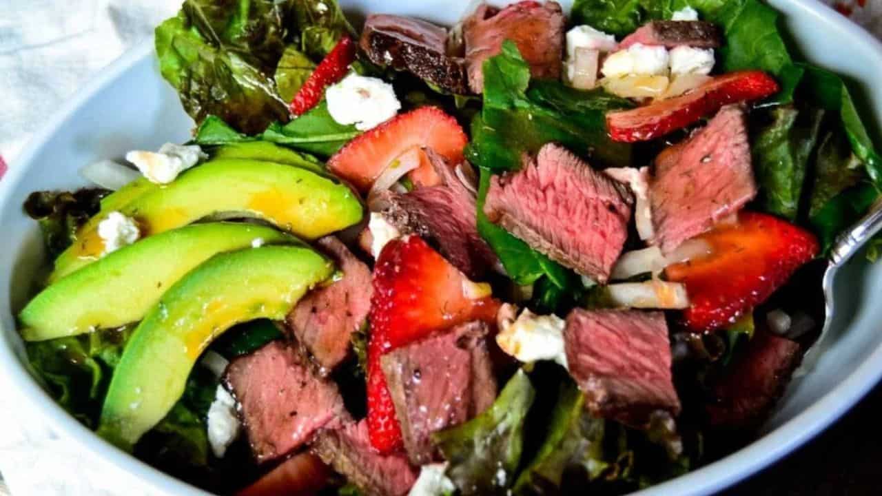 California steak salad with strawberries and avocados.