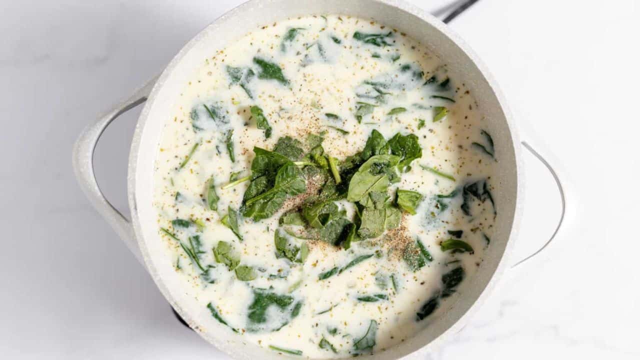 A bowl of chicken and gnocchi soup with a spoon in it.