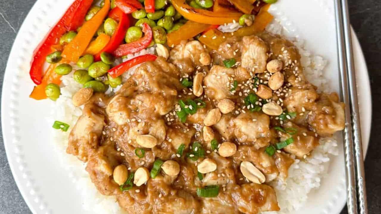 Savory peanut butter chicken stir-fried with crisp vegetables.