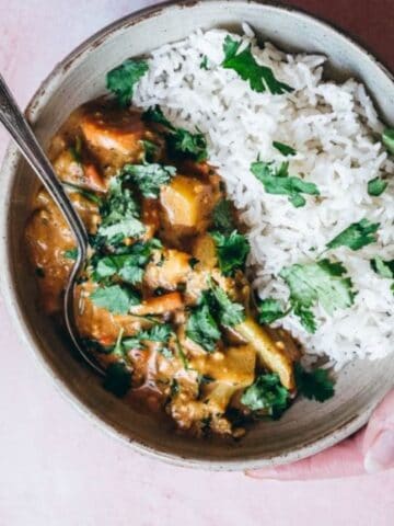 A hand holds a bowl of white rice and curry garnished with fresh cilantro, with a spoon resting inside the bowl on a pink surface.