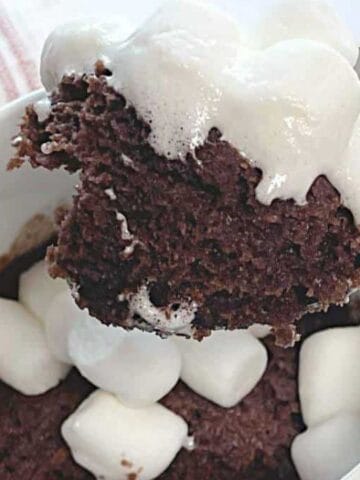 A spoon lifts a bite of chocolate mug cake topped with melted and whole mini marshmallows from a white mug.