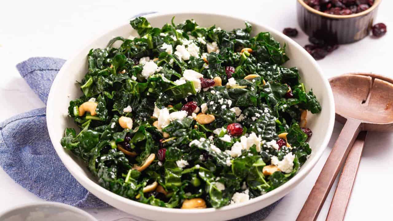 A horizontal image of kale salad with cranberries.