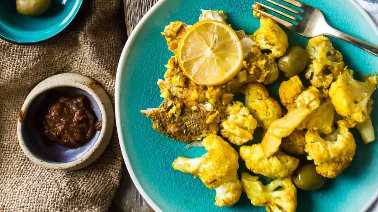 Sheet pan salmon and cauliflower.