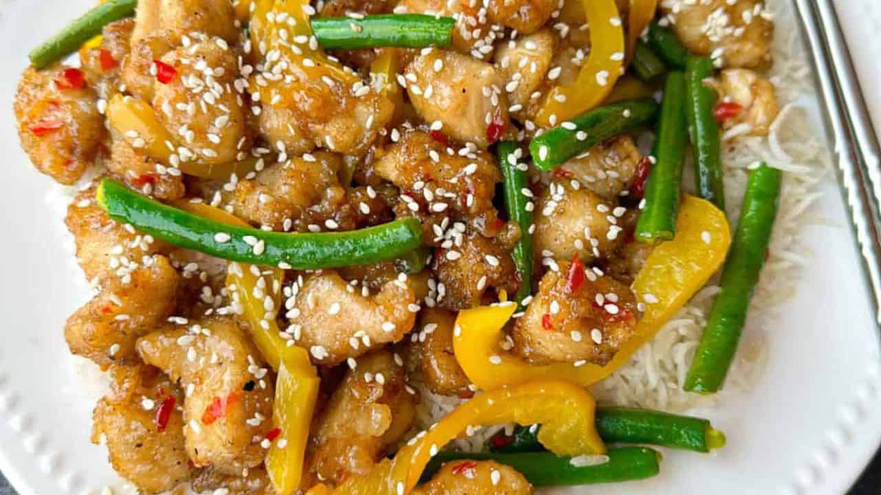 Crispy honey sesame chicken copycat recipe from Panda Express on a plate.