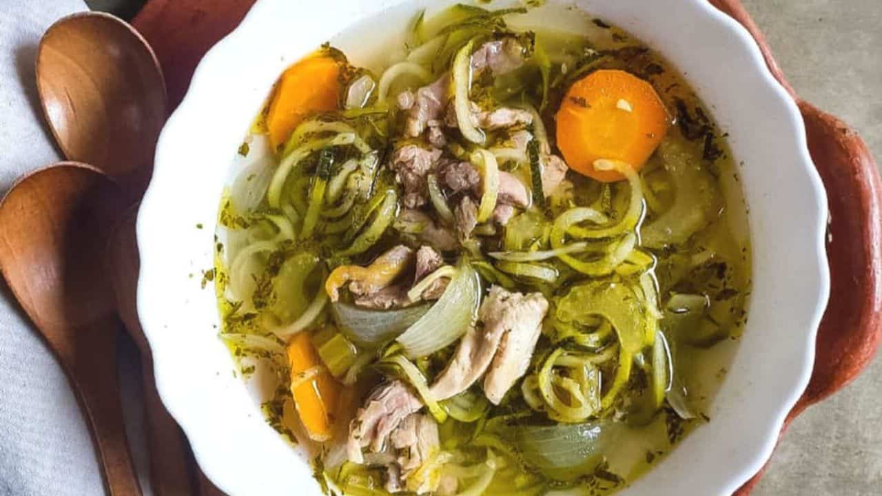 A bowl of slow cooker Chicken Noodle Soup.
