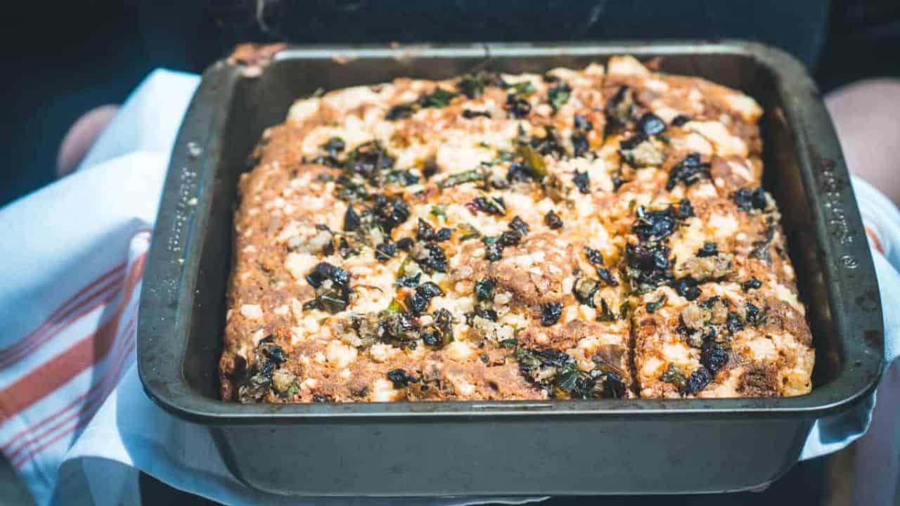 Overhead view of sliced cornbread.