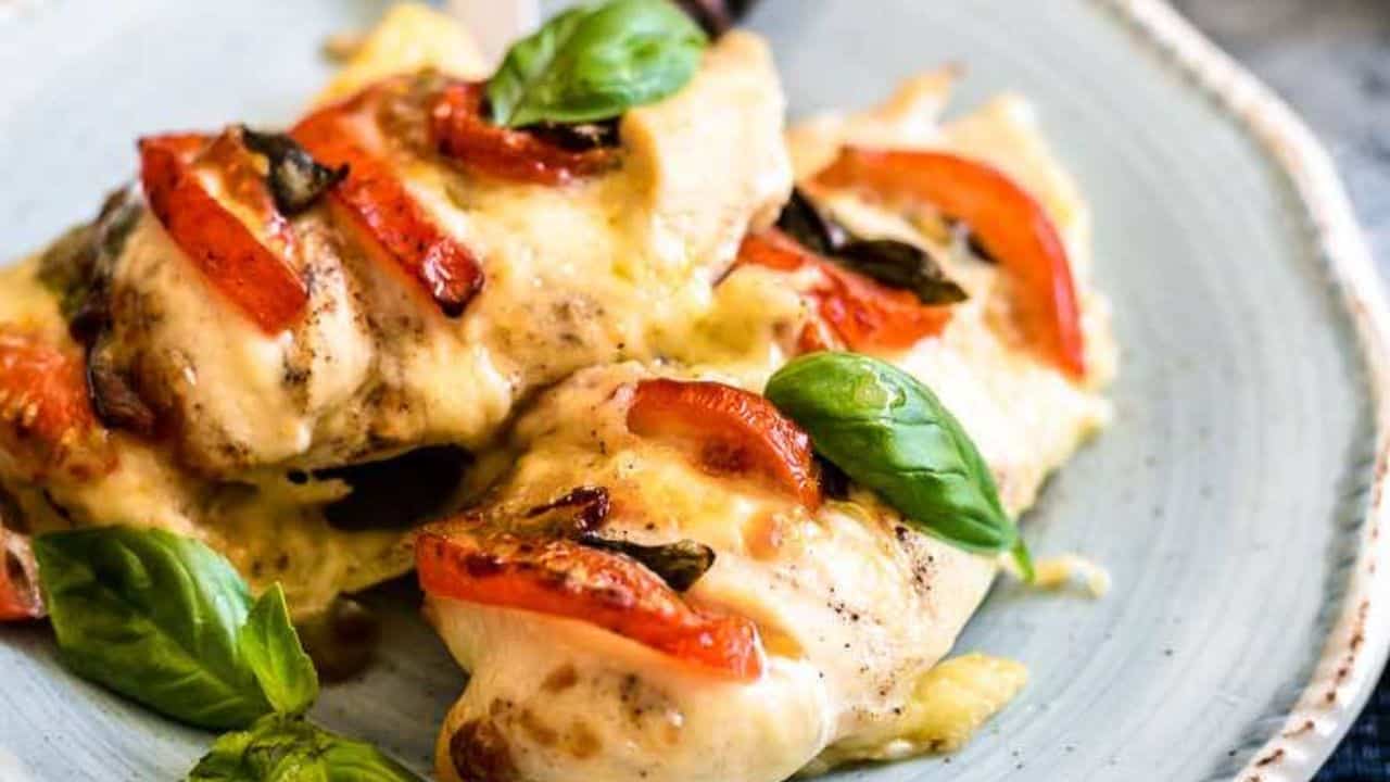 Stuffed Caprese Chicken Hasselback in a close-up.