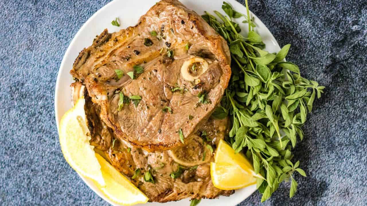 Lamb chop with fresh herbs.