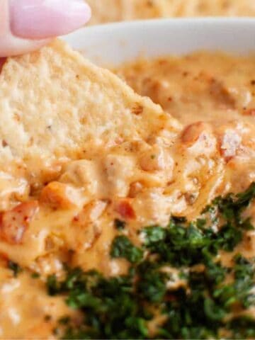 A hand dips a tortilla chip into a bowl of creamy cheese dip with visible chunks of tomato and green herbs on top.