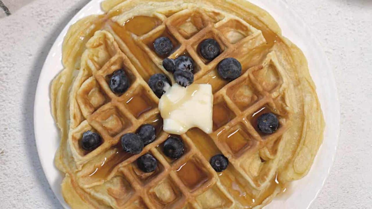 Belgium waffle for one with butter and blueberries.