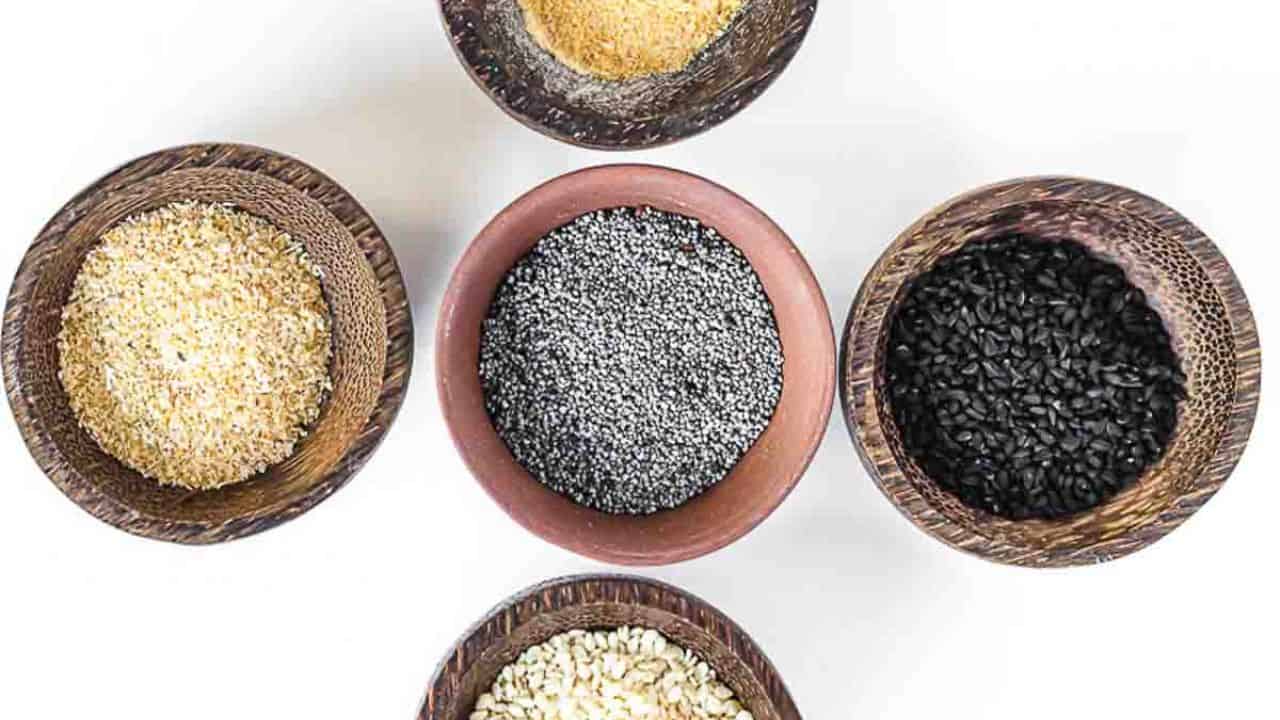 Close up of all the seasoning seeds and spices.