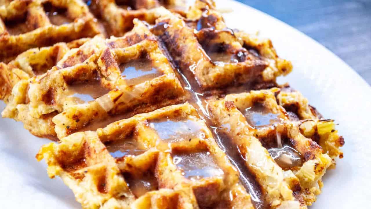 A stuffing waffle with turkey gravy.