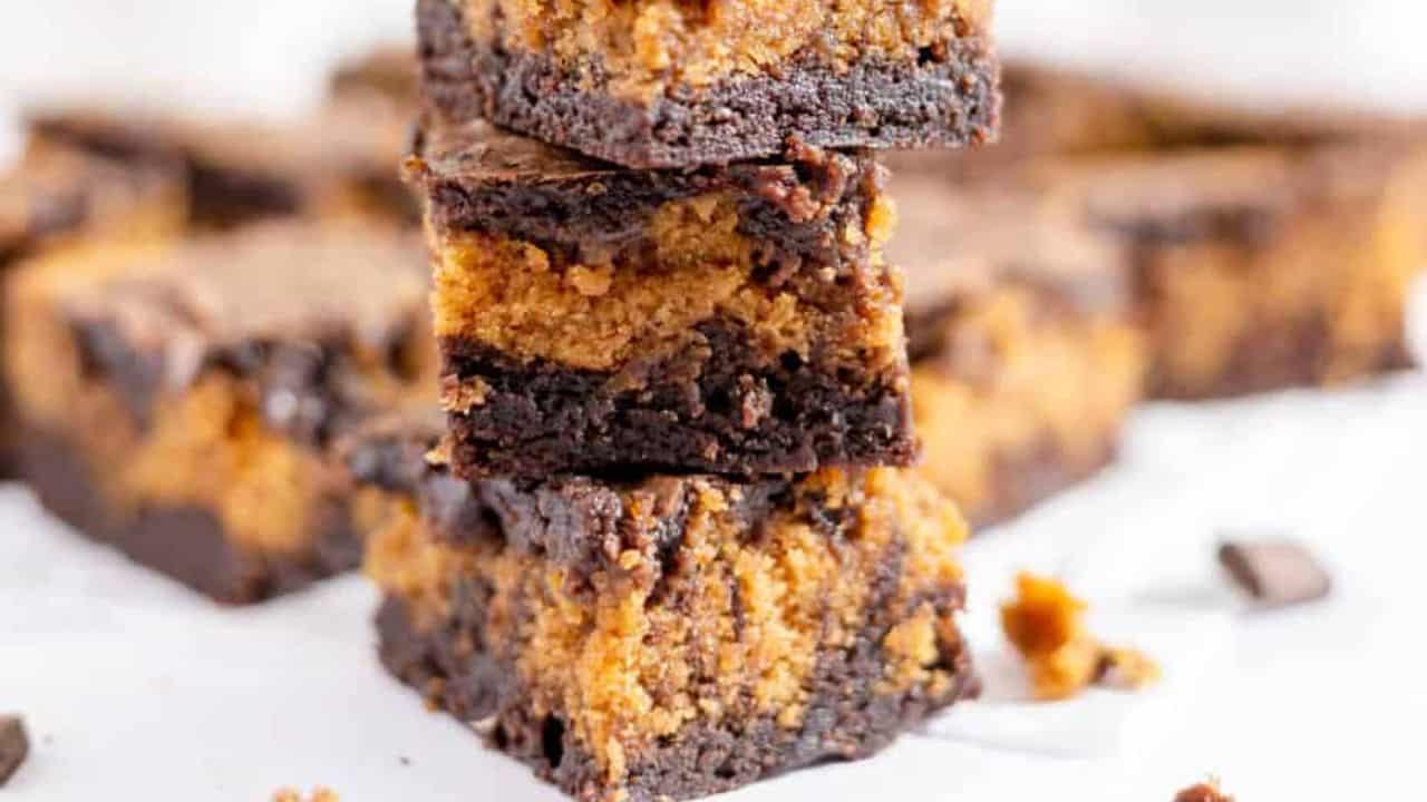 Stacked layered pumpkin brownies.