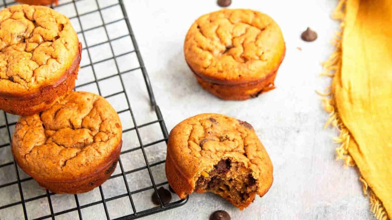 Four pumpkin muffins, one with a bite taken out, rest on a cooling rack and a light surface with scattered chocolate chips and a yellow cloth nearby.