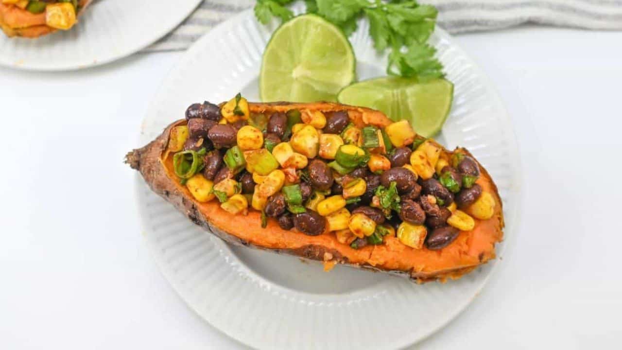 Sweet potato stuffed with black beans and corn.