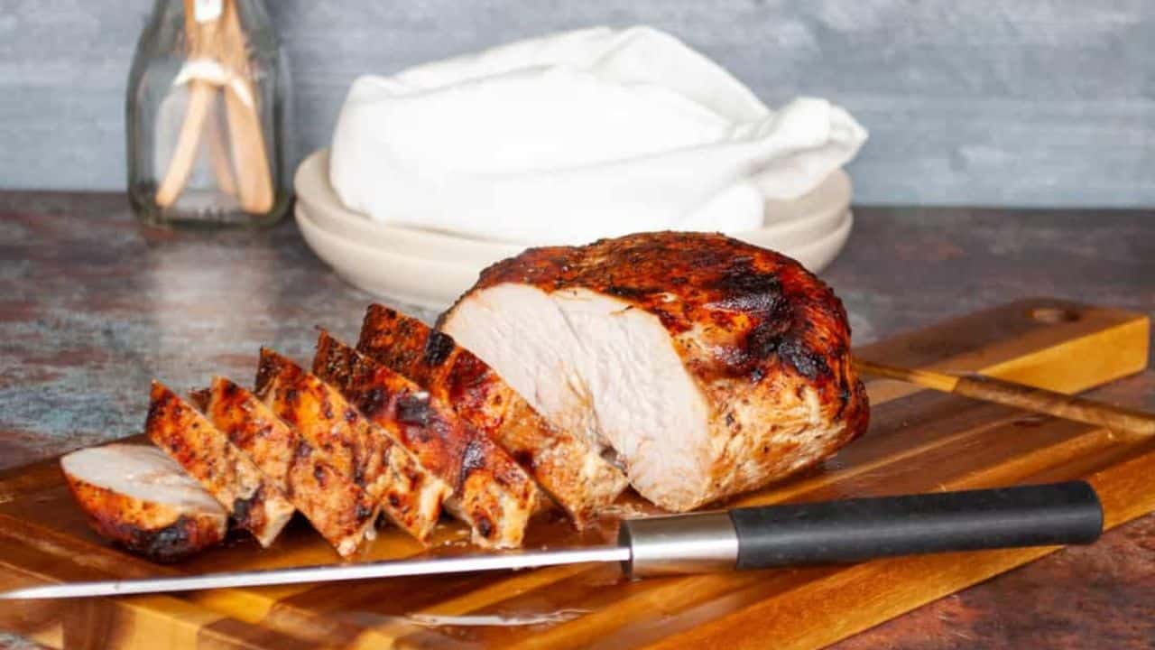 Slices of golden brown air-fried turkey breast.