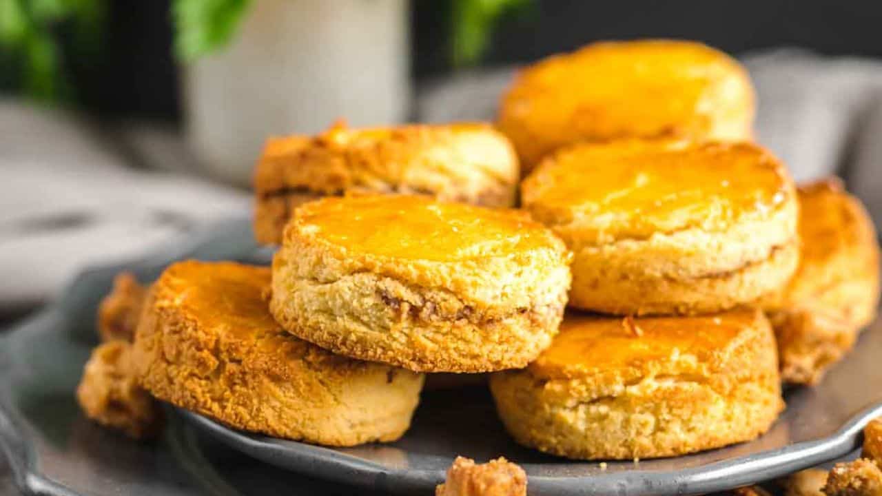 Almond Flour Biscuits on top of each other with chives.
