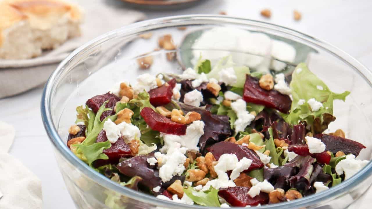 Beetroot salad with goat cheese close up.
